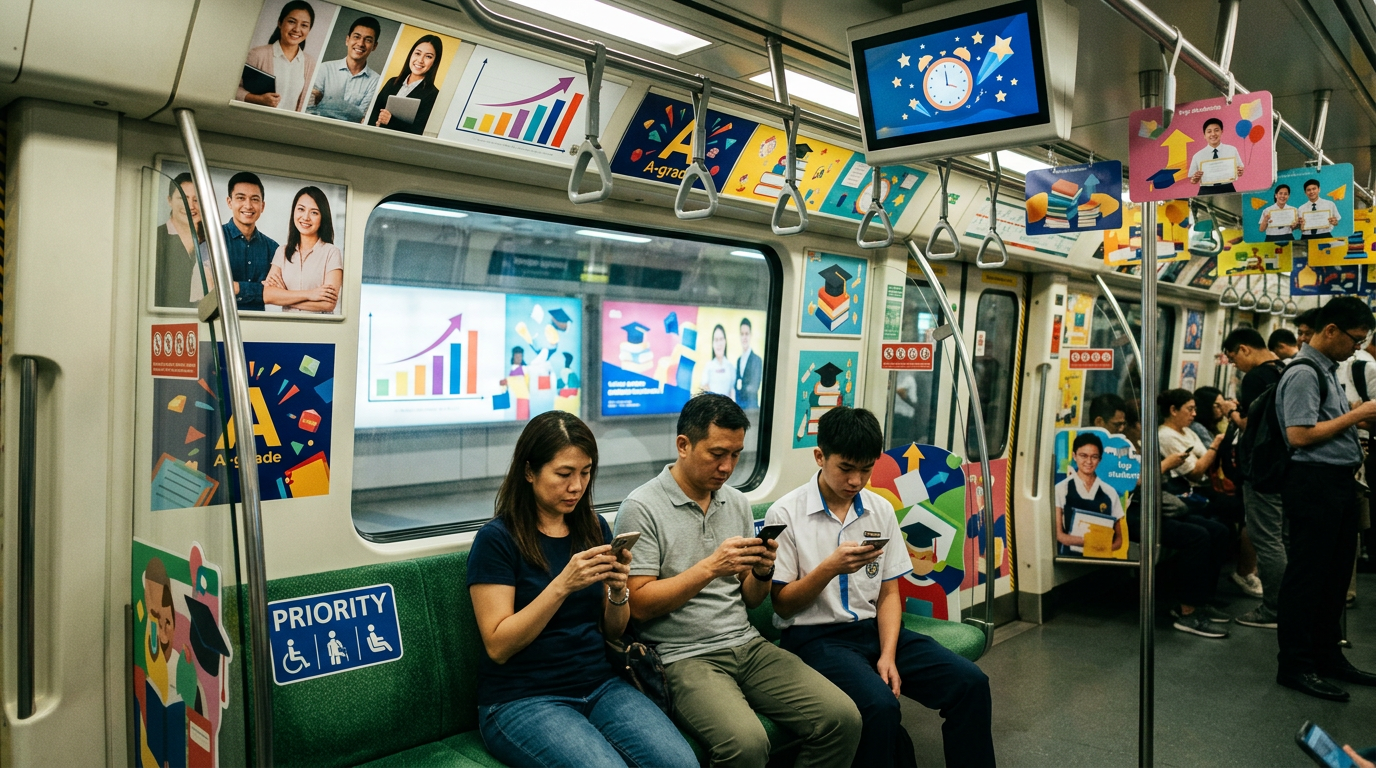 Singaporean family scrolling phones inside MRT train surrounded by GP tuition advertising and marketing billboards