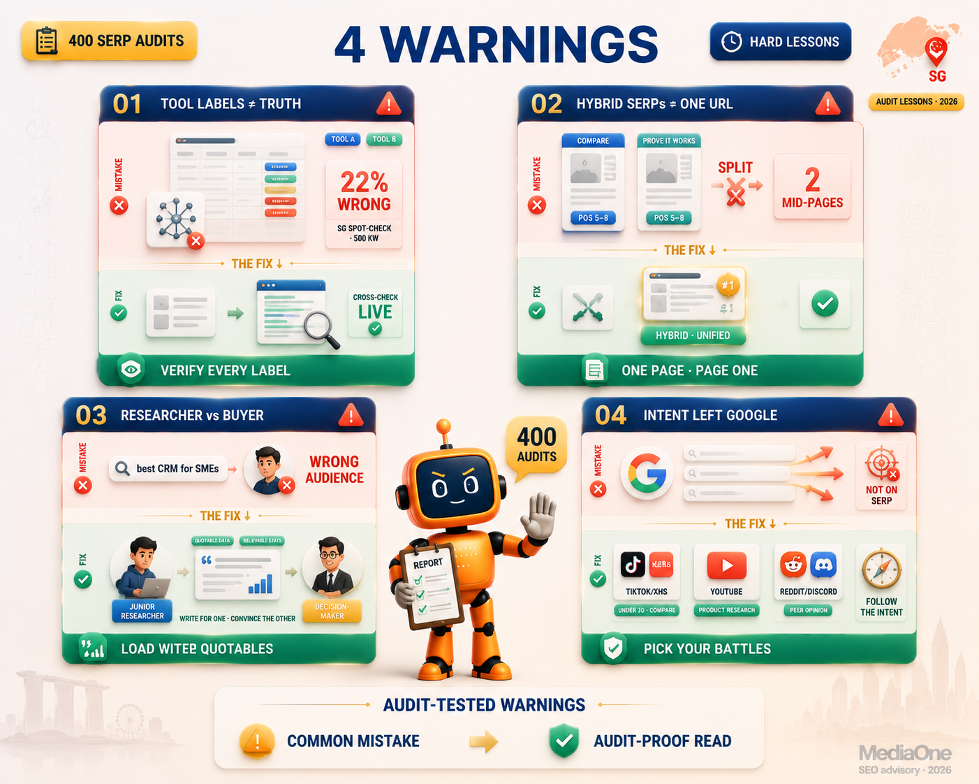 Keyword Intent Explained: How To Optimise Content For High-Ranking Keywords 2 Four warnings 400 client SERP audits MediaOne SEO 2026