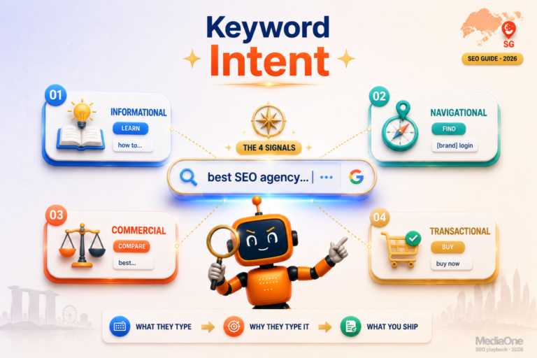 keyword intent SEO guide showing the four search intent types radiating from a central 3D search bar