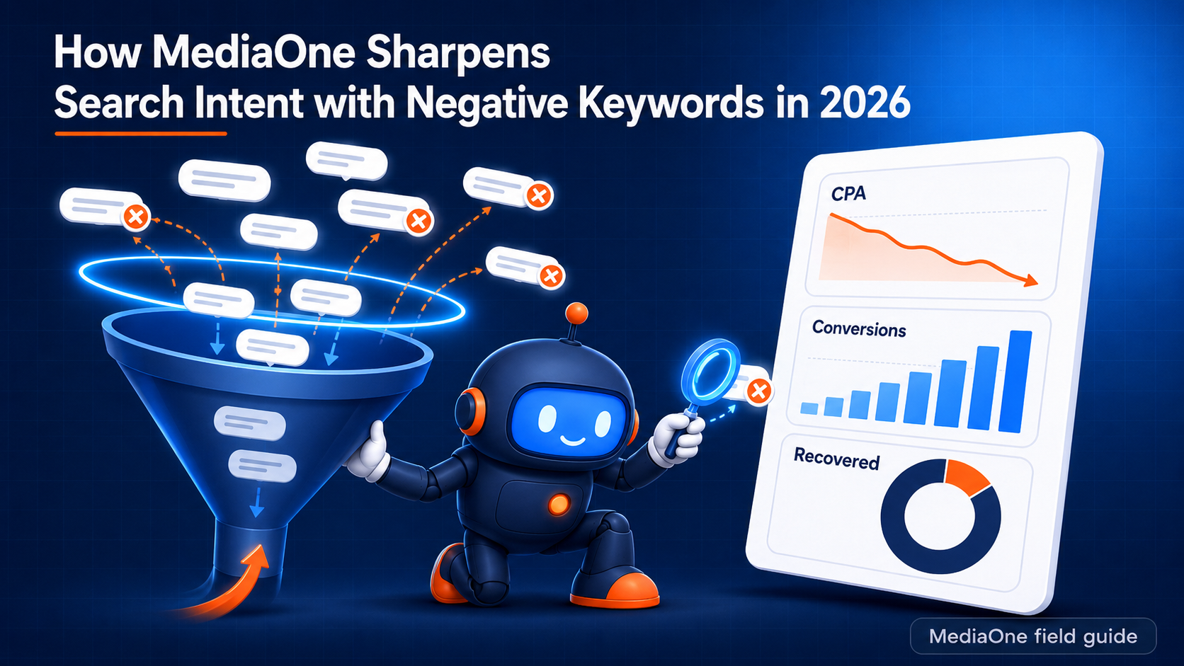Negative keywords in SEO featured image with funnel filtering irrelevant queries