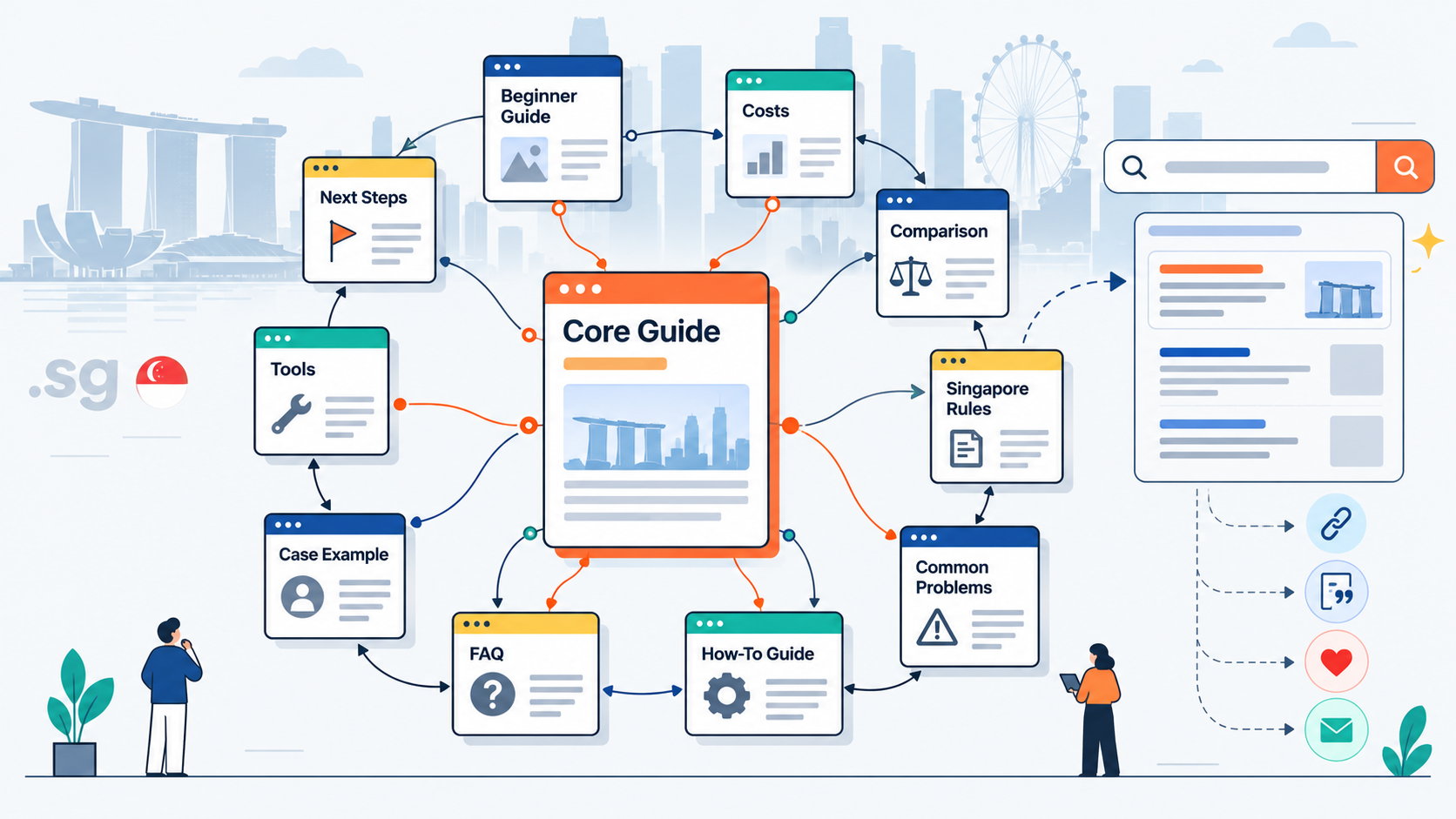 How to Start a Blog in Singapore (2026 Step-by-Step Guide) 2 Blog content cluster infographic showing how to start a blog with a core guide linked to supporting posts on SEO, tools, costs and business setup
