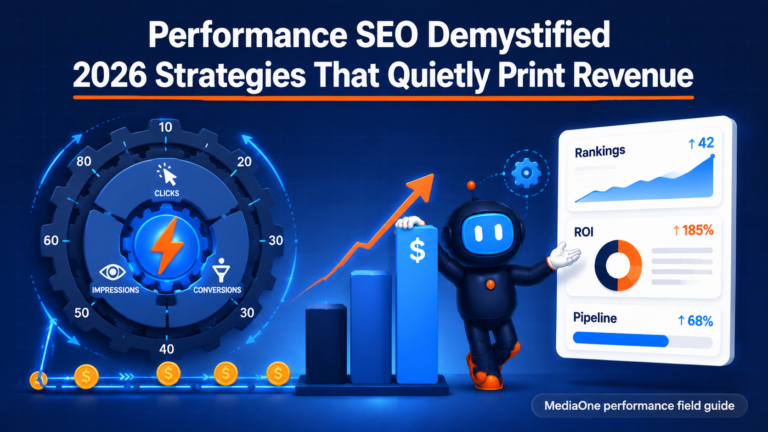 performance SEO demystified showing 2026 strategies that quietly print revenue with the MediaOne mascot