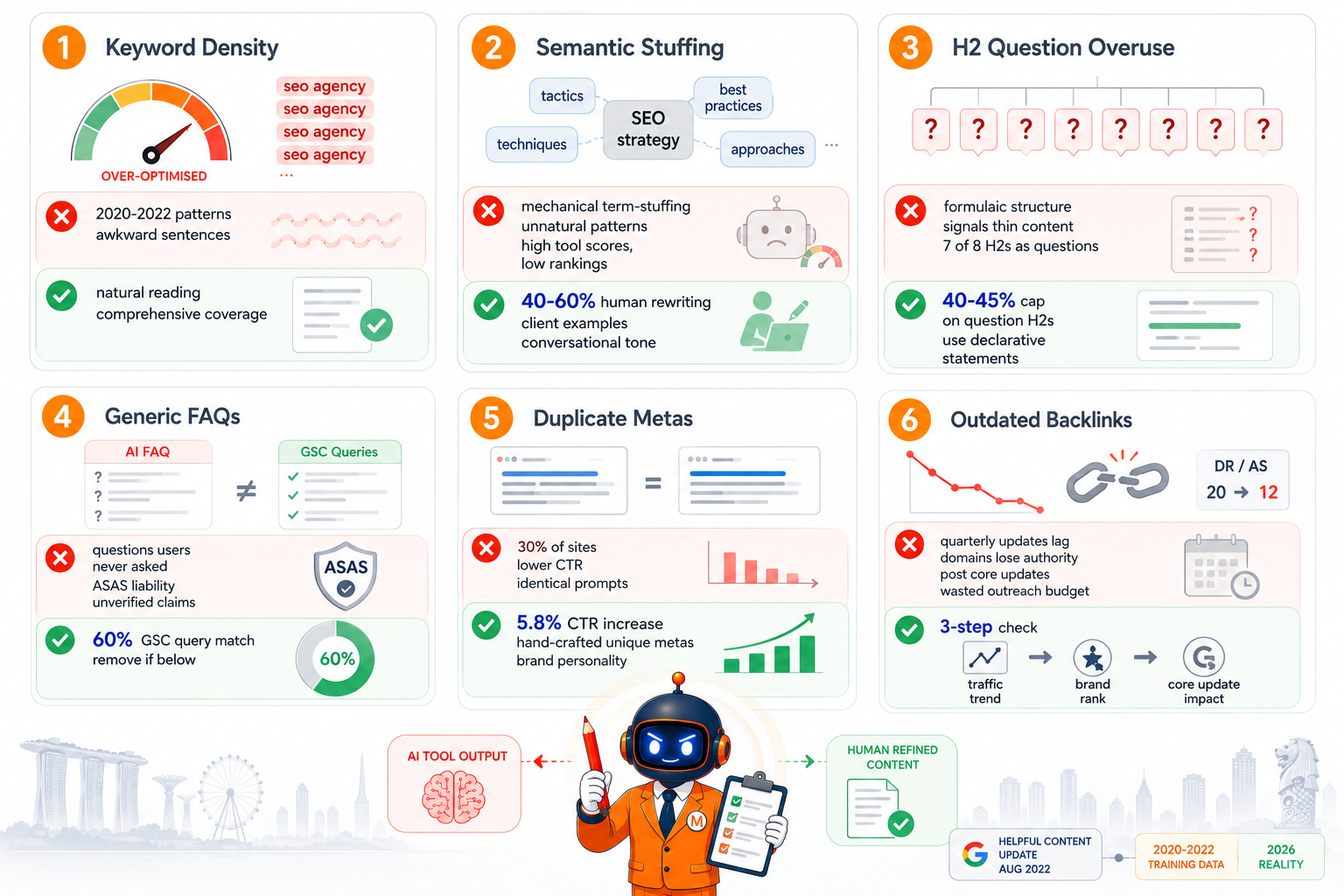 Data-Driven SEO in 2026: Where AI Helps, Where It Quietly Hurts Rankings 1 six ways AI SEO tools hurt rankings infographic