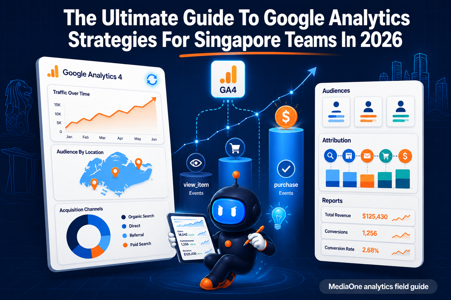 Featured image for the ultimate guide to Google Analytics strategies for Singapore teams in 2026 with the MediaOne mascot Metri
