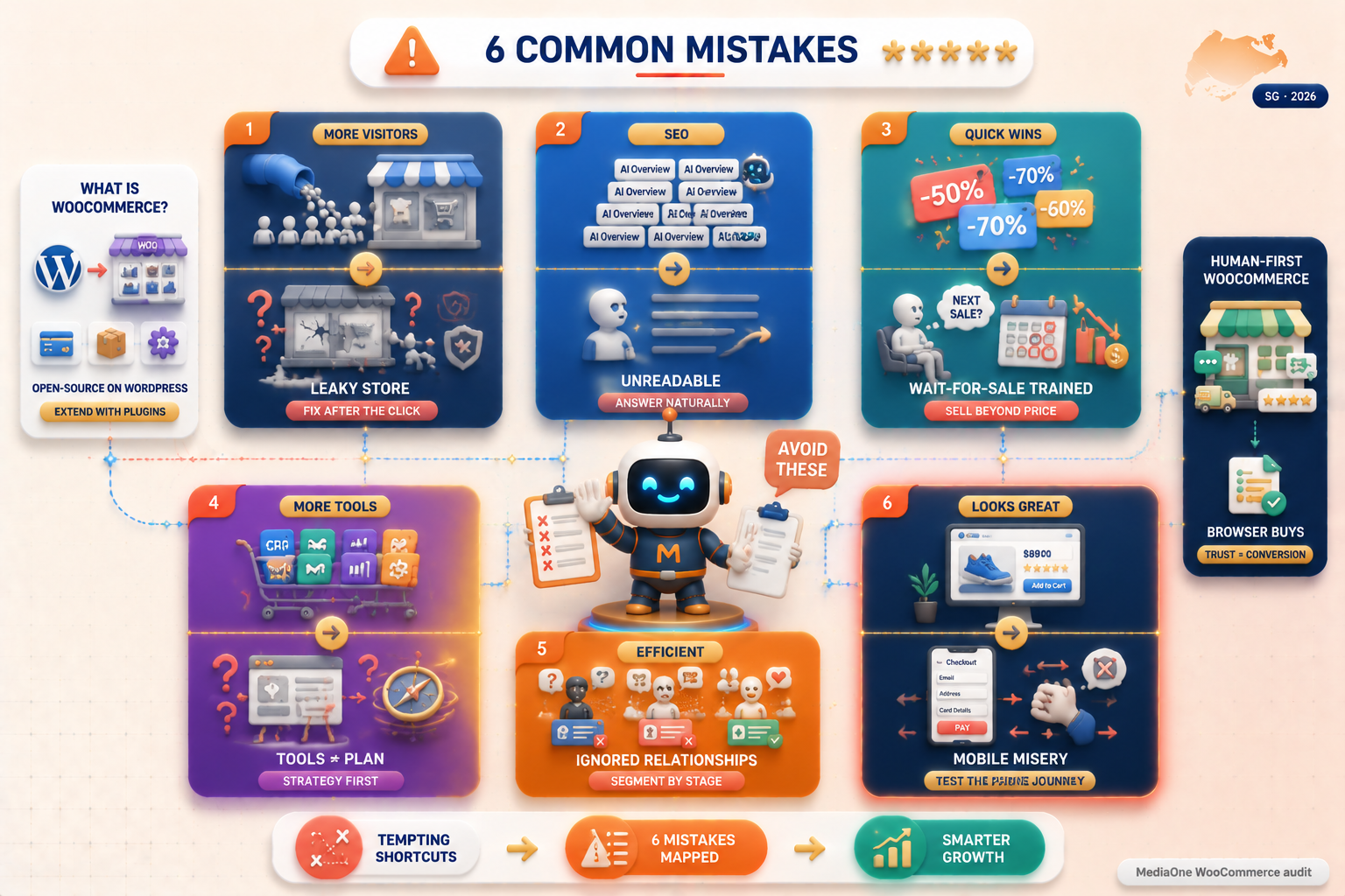 Human-First WooCommerce Marketing in Singapore: How to Turn Browsers Into Buyers 2 6 common WooCommerce marketing mistakes — chasing traffic, keyword stuffing, over-discounting, and ignoring mobile shoppers.