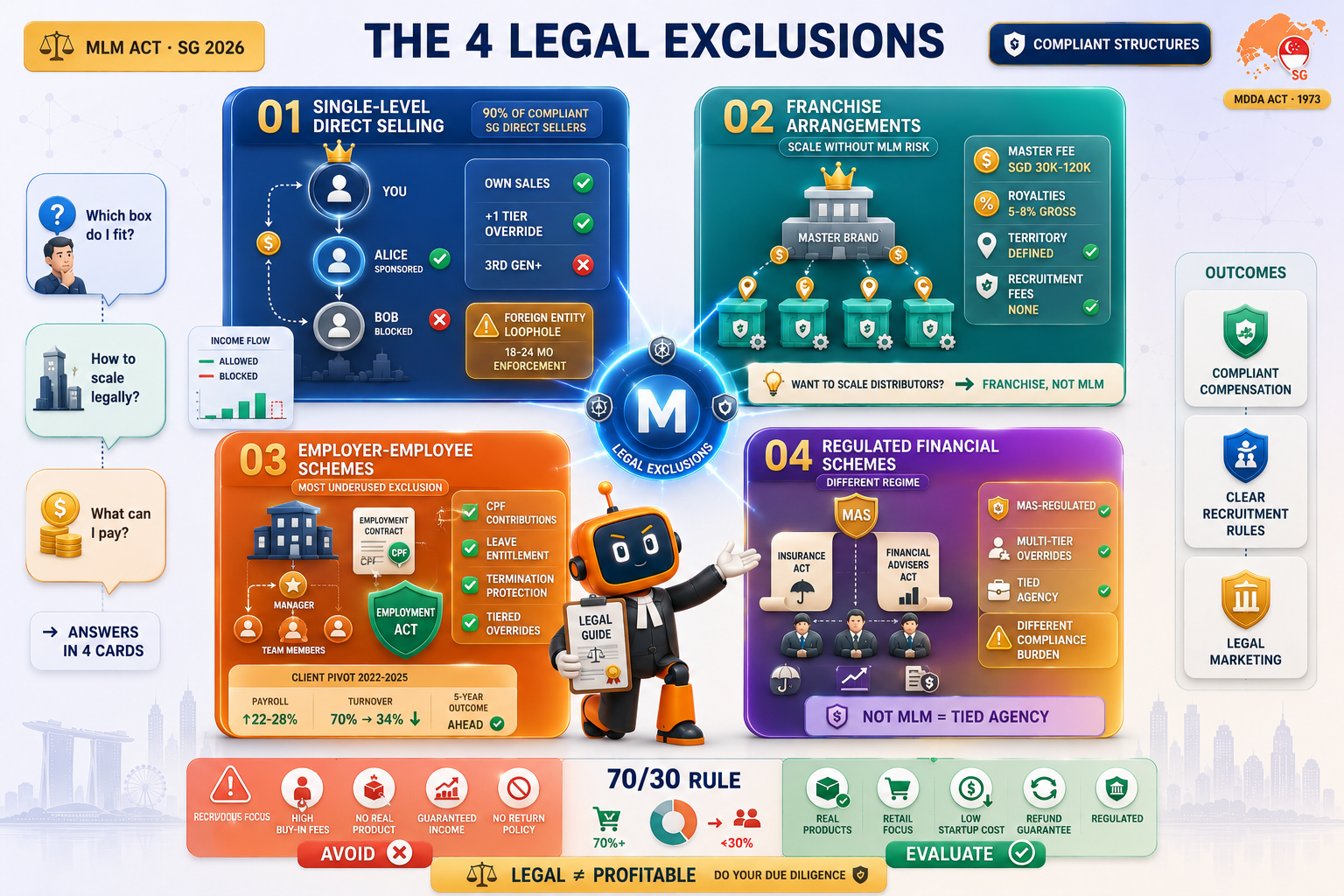 How To Do Multilevel Marketing In Singapore Legally 2026 1 dimensional editorial infographic showing the four legally excluded MLM structures in Singapore