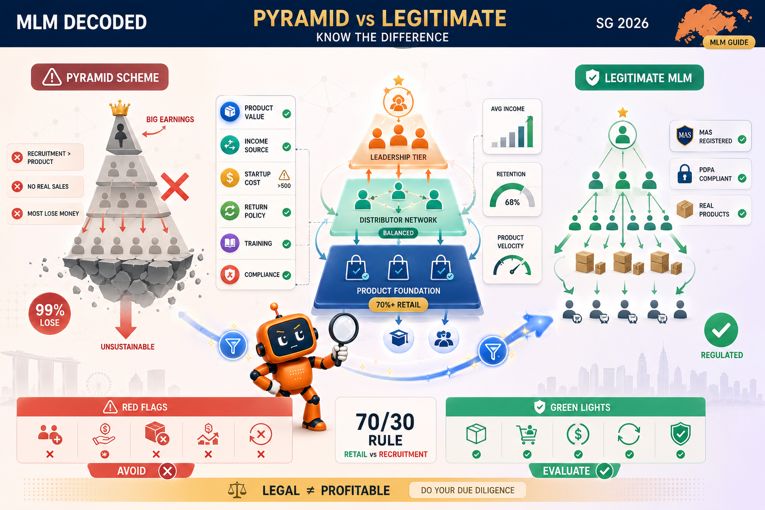 Singapore MLM guide featured image contrasting pyramid schemes