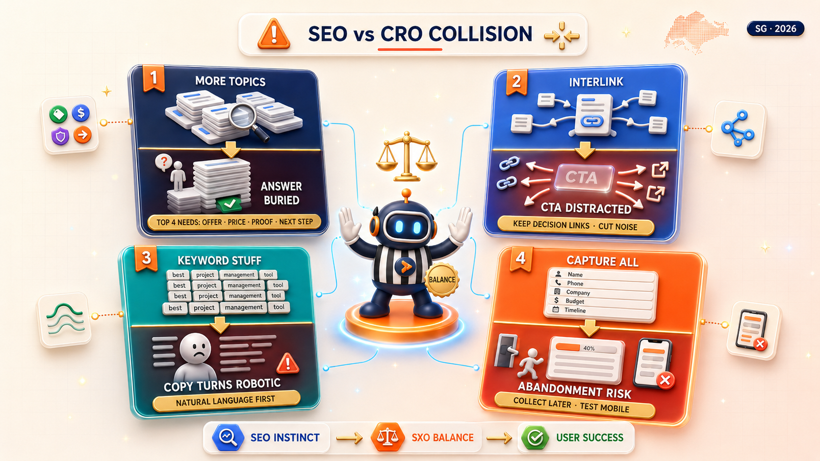 What Is SXO? Search Experience Explained 2 When SEO recommendations hurt conversions content bloat, link sprawl, forced keywords, and form overload need SXO balance