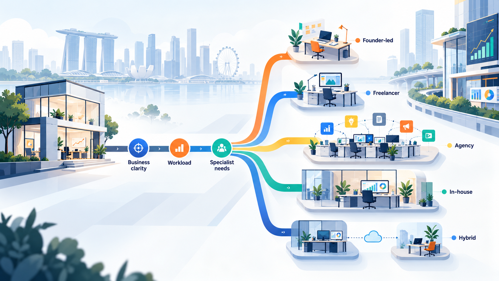 Marketing for Startups in Singapore: What It Costs and Who to Hire 2 Marketing agency for startups in Singapore comparing founder-led, freelancer, agency, in-house and hybrid options