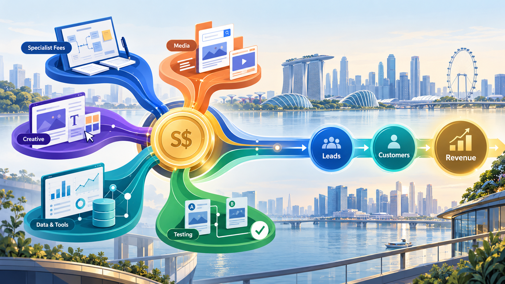 Marketing for Startups in Singapore: What It Costs and Who to Hire 1 Marketing agency for startups in Singapore showing how marketing spend flows into leads, customers and revenue