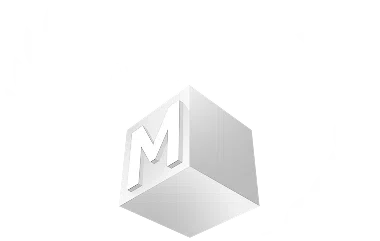 White 3D cube with letter M and abstract circular logo design