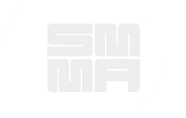 Abstract white geometric logo with SMA-like letters on black background