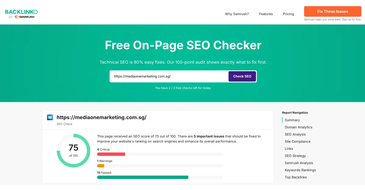 Backlinko's On-page SEO Checker Chrome extension checking MediaOne's website score