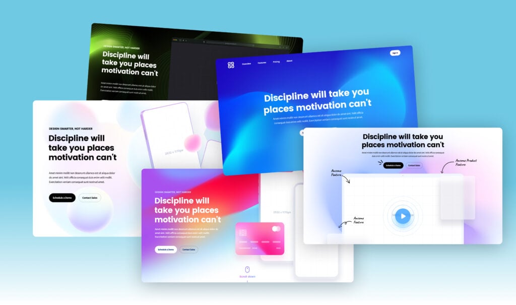Multiple overlapping digital screens displaying modern UI/UX designs with gradients and motivational text.