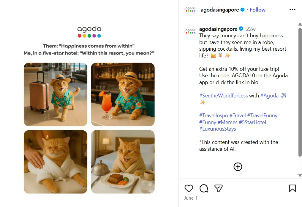 Instagram post by Agoda that leverages generative AI in marketing