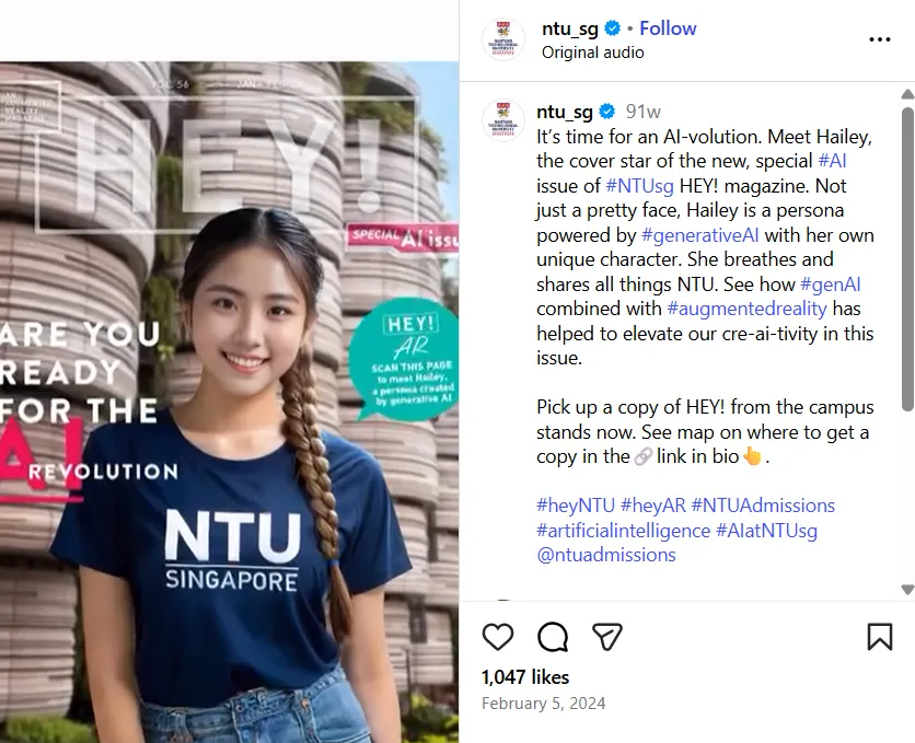 Instagram post by NTU about using AI persona as part of their generative AI marketing strategy