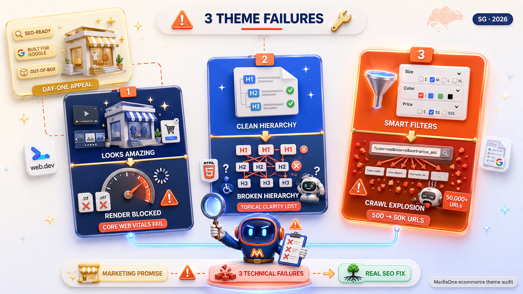 SEO Friendly Ecommerce Store: Why Default Theme Fail & How to Fix Them 1 why "SEO-ready" themes fail on site speed, heading structure, and filter URL bloat for ecommerce