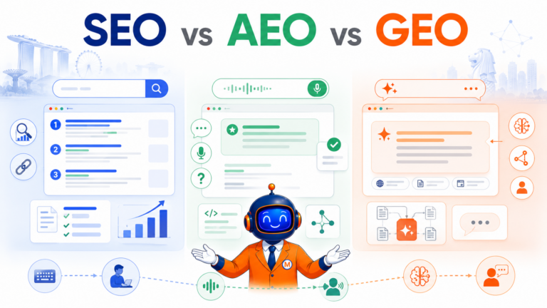 SEO vs AEO vs GEO featured image showing three-way comparison of search engine optimisation evolution