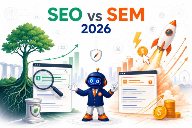 SEO vs SEM showing side-by-side comparison of organic search optimization versus paid search marketing