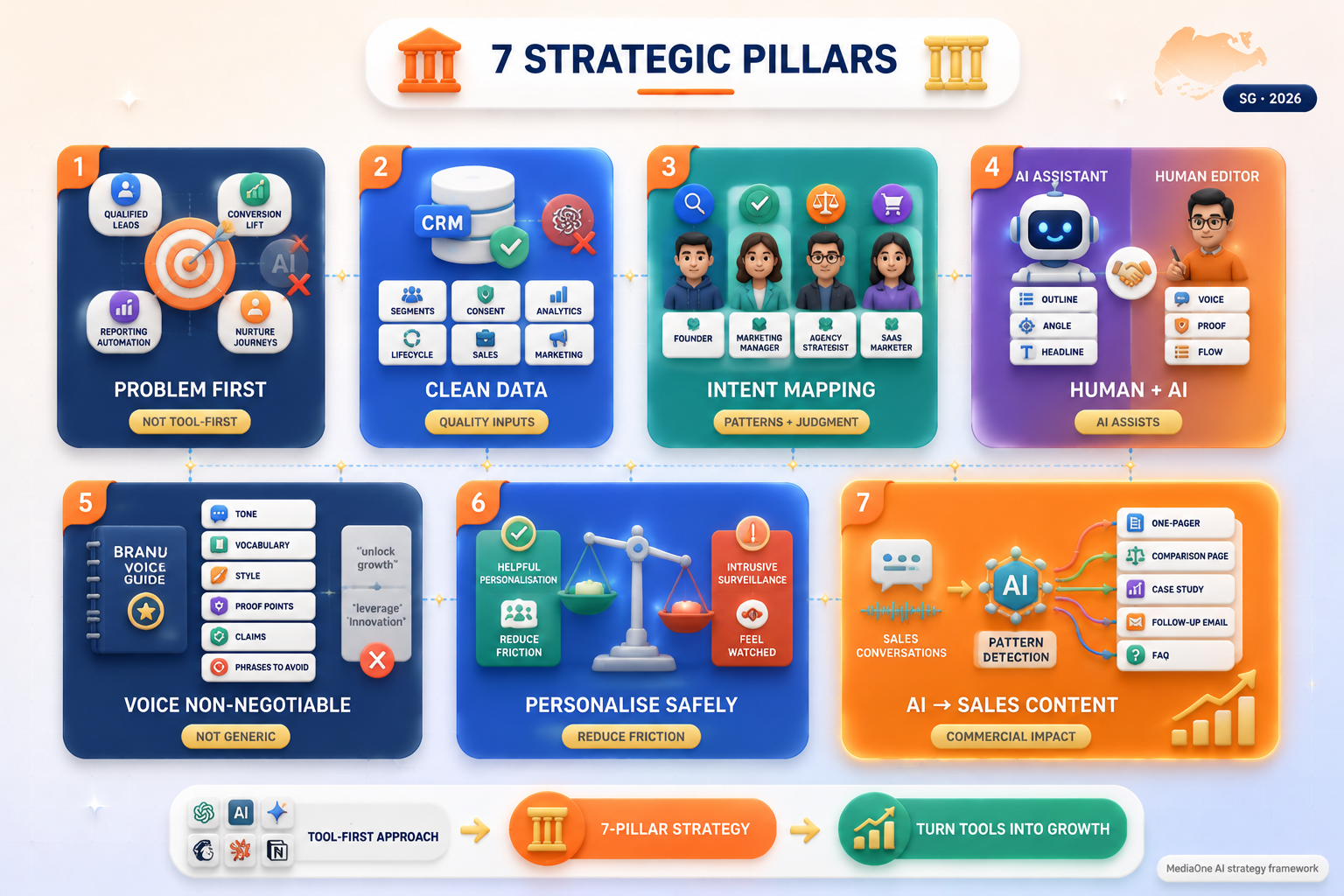 AI Marketing Strategy That Turns Tools Into Growth 1 Core elements of a strong AI marketing strategy — 7 pillars from business problems to sales enablement and brand voice.