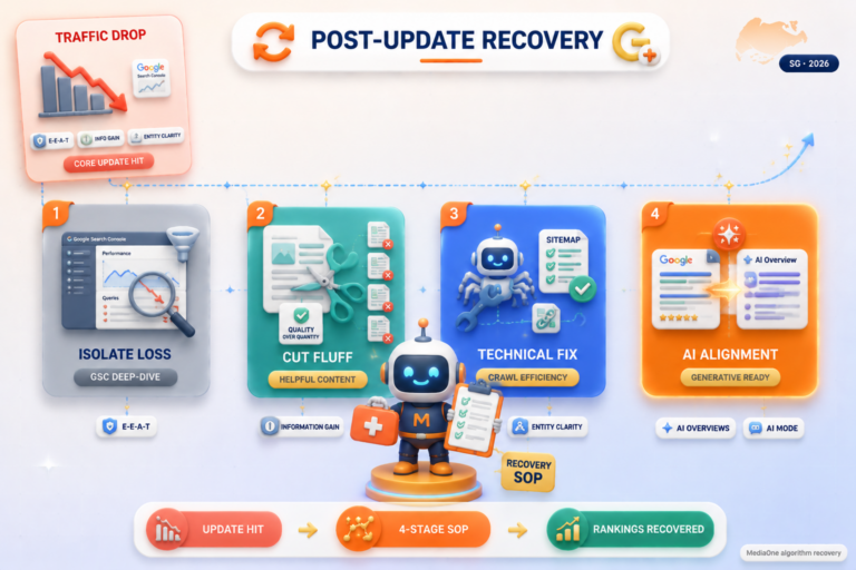 Post-AI Google update recovery SOP — isolate traffic loss, eliminate fluff, fix crawl issues, align for AI search features.