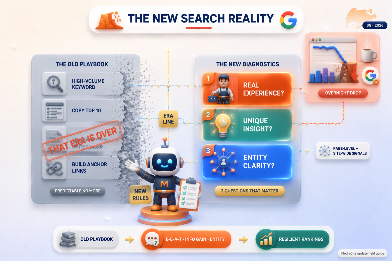 Why Google updates feel different now — old SEO playbook replaced by experience, information gain, and entity clarity.