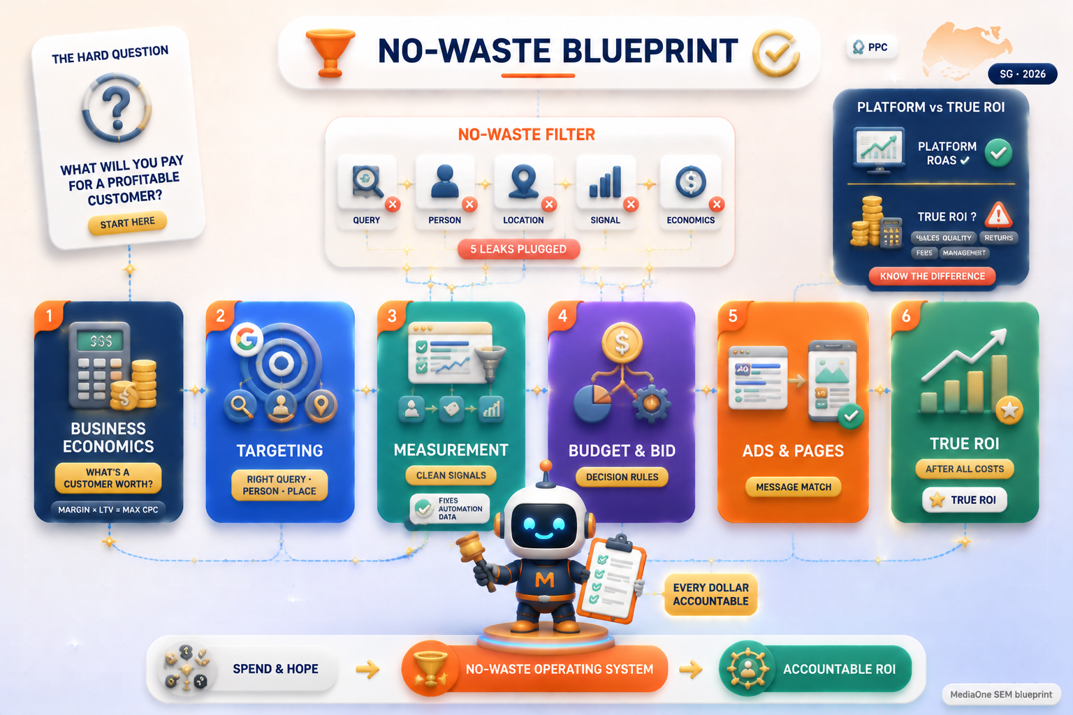 SEM campaign strategy no-waste blueprint — business economics to profitable ROI with accountable decision rules.