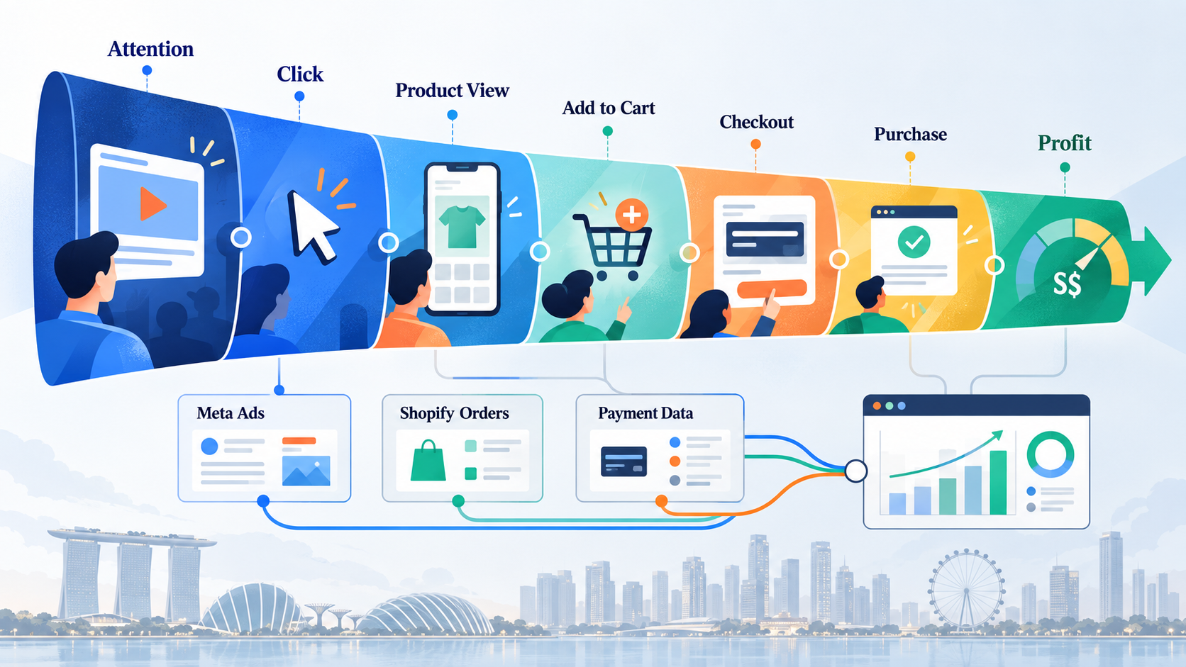 Shopify Facebook Ads in 2026 That Turn Clicks Into Profitable Sales 2 Shopify Facebook Ads funnel from attention and clicks to purchase and profit