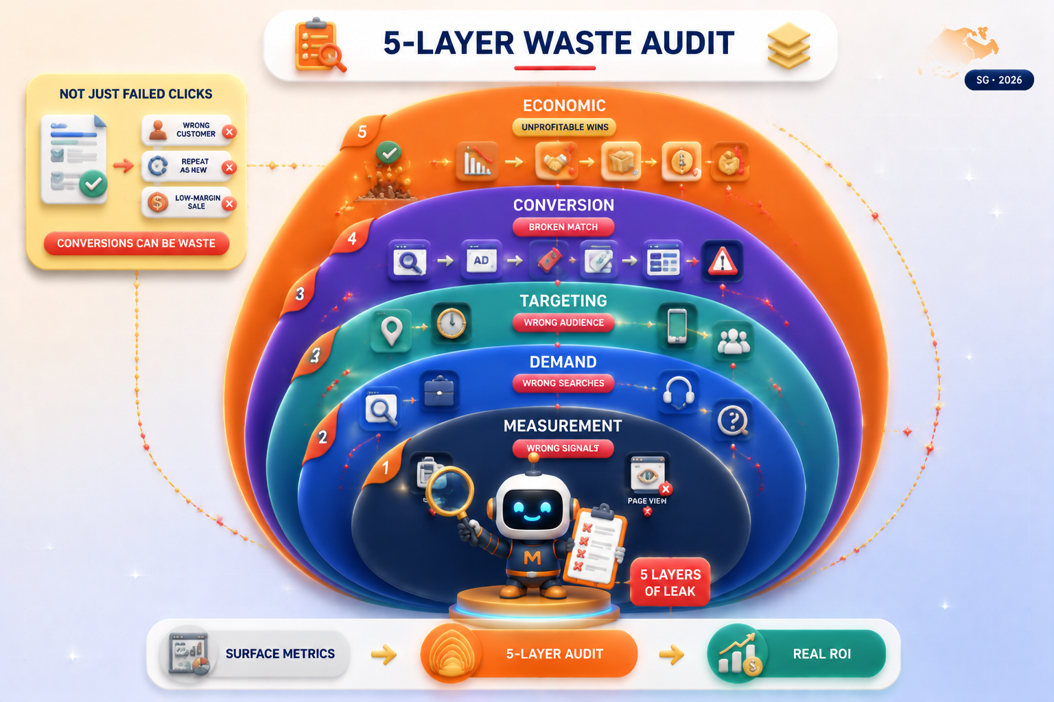 SEM Campaign Strategy: A No-Waste Blueprint for Better ROI 1 5-layer SEM waste audit — measurement, demand, targeting, conversion, and economic waste beyond failed clicks.