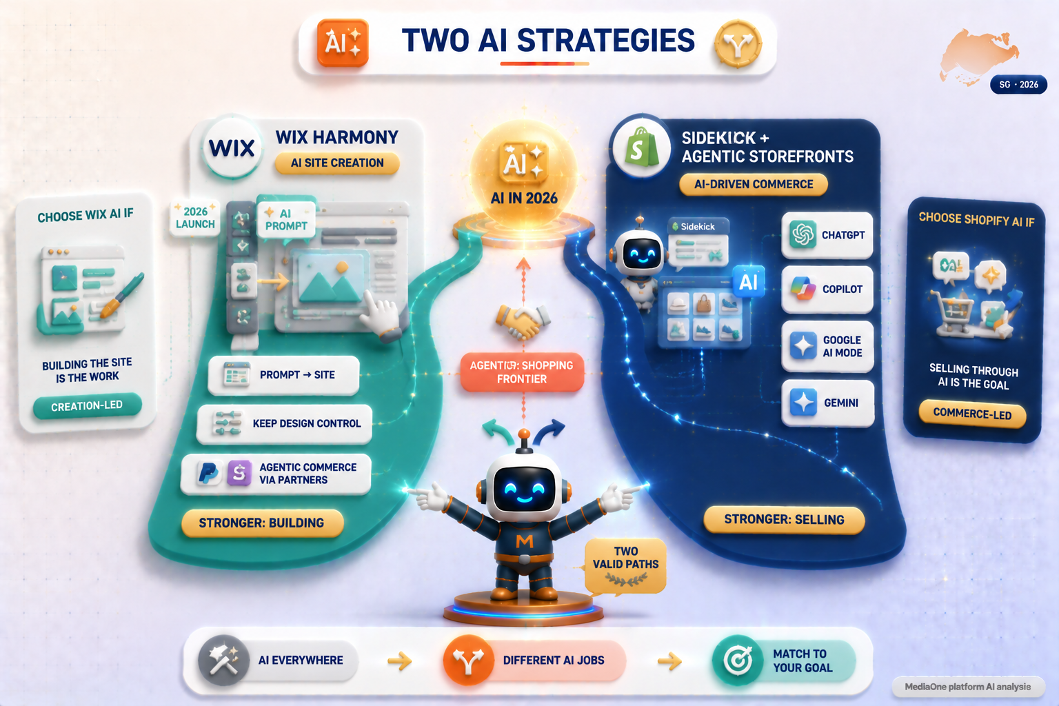 How Wix and Shopify use AI in 2026 — Wix Harmony for AI site creation, Shopify Sidekick and Agentic Storefronts for commerce.