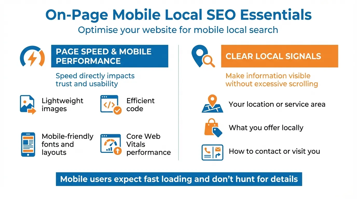 On-page mobile local SEO essentials infographic showing page speed, mobile performance, and clear local signals for mobile-first search.