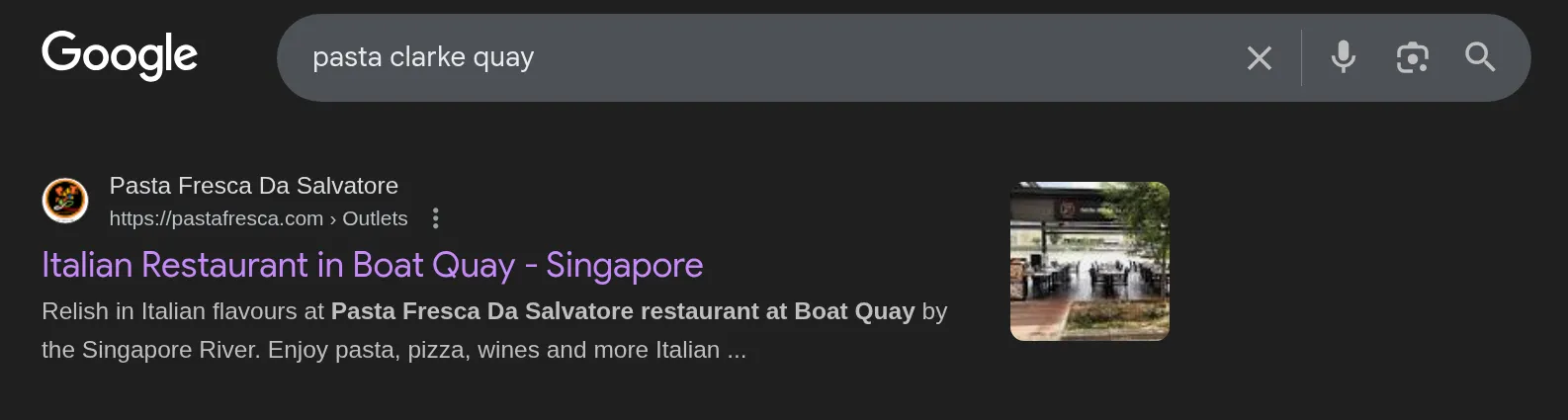 Pasta Fresca Clarke Quay landing page snippet appears for the search term Pasta Clarke Quay - a good indicator of multi-location SEO practices