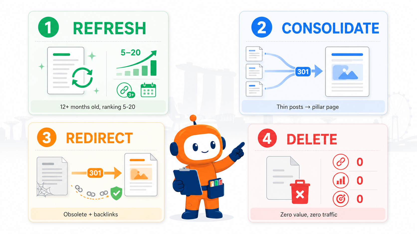 Content Refresh Strategy: The Singapore SME Guide to Recovering Lost Rankings in 2026 1 Content triage framework showing four decision tiers for SEO content recovery