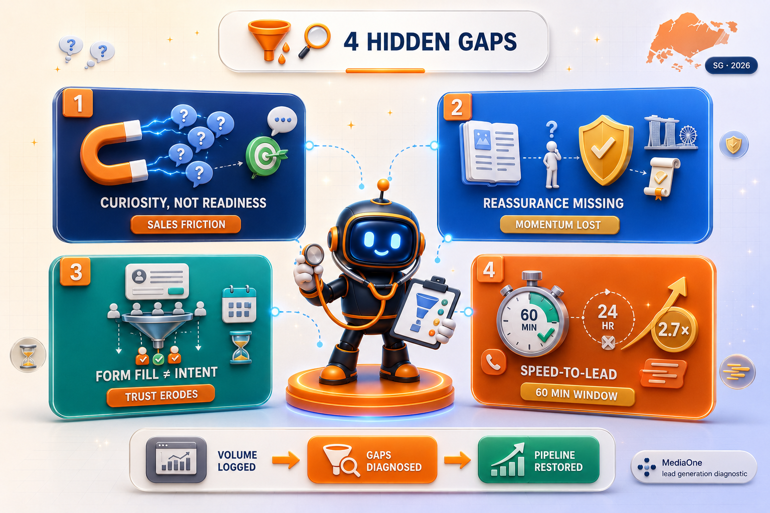 How to Fix Hidden Funnel Gaps and Improve Lead Generation in Singapore 1 editorial illustration showing four hidden funnel gaps that kill lead generation