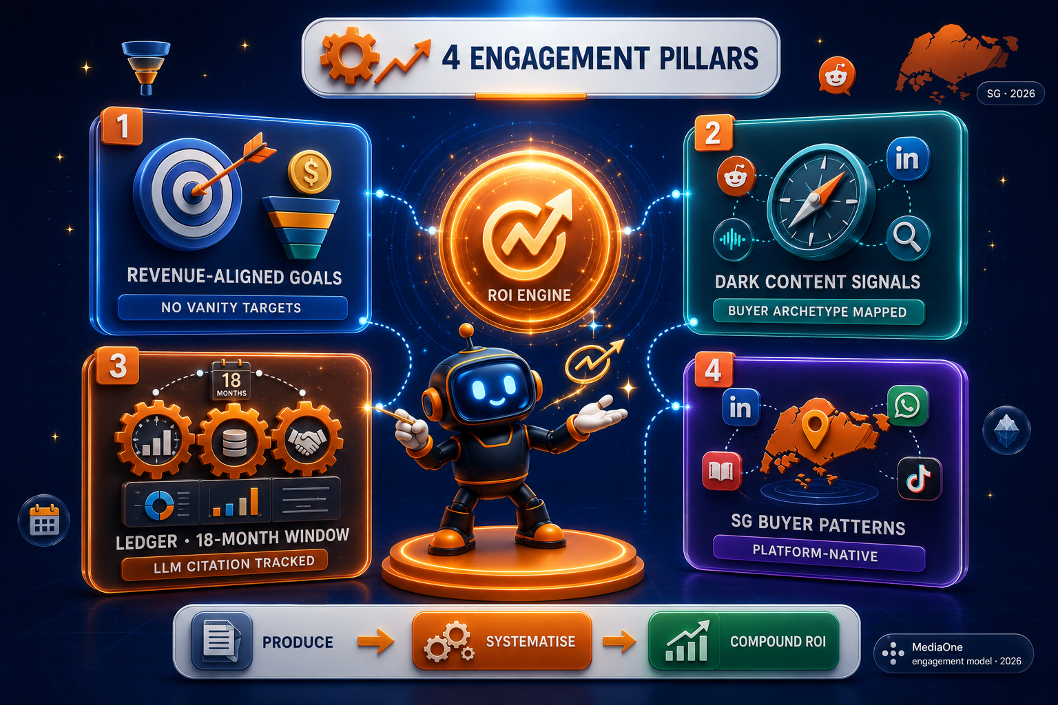 MediaOne editorial infographic showing four engagement pillars for maximising content ROI