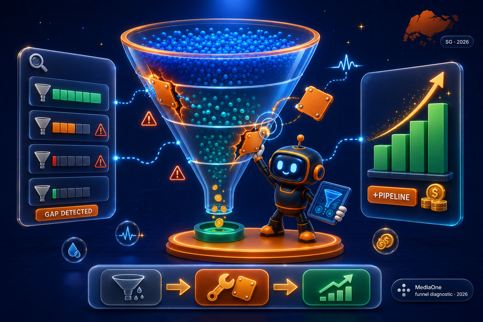 lead-generation funnel with visible cracks being patched by orange plates