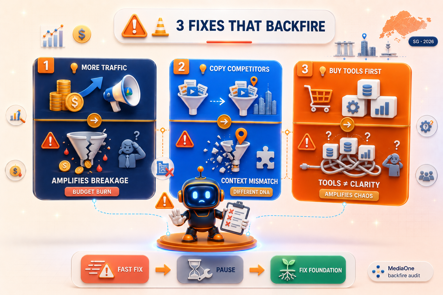 How to Fix Hidden Funnel Gaps and Improve Lead Generation in Singapore 3 three backfire fixes with funnel leaks and diagnostic analysis
