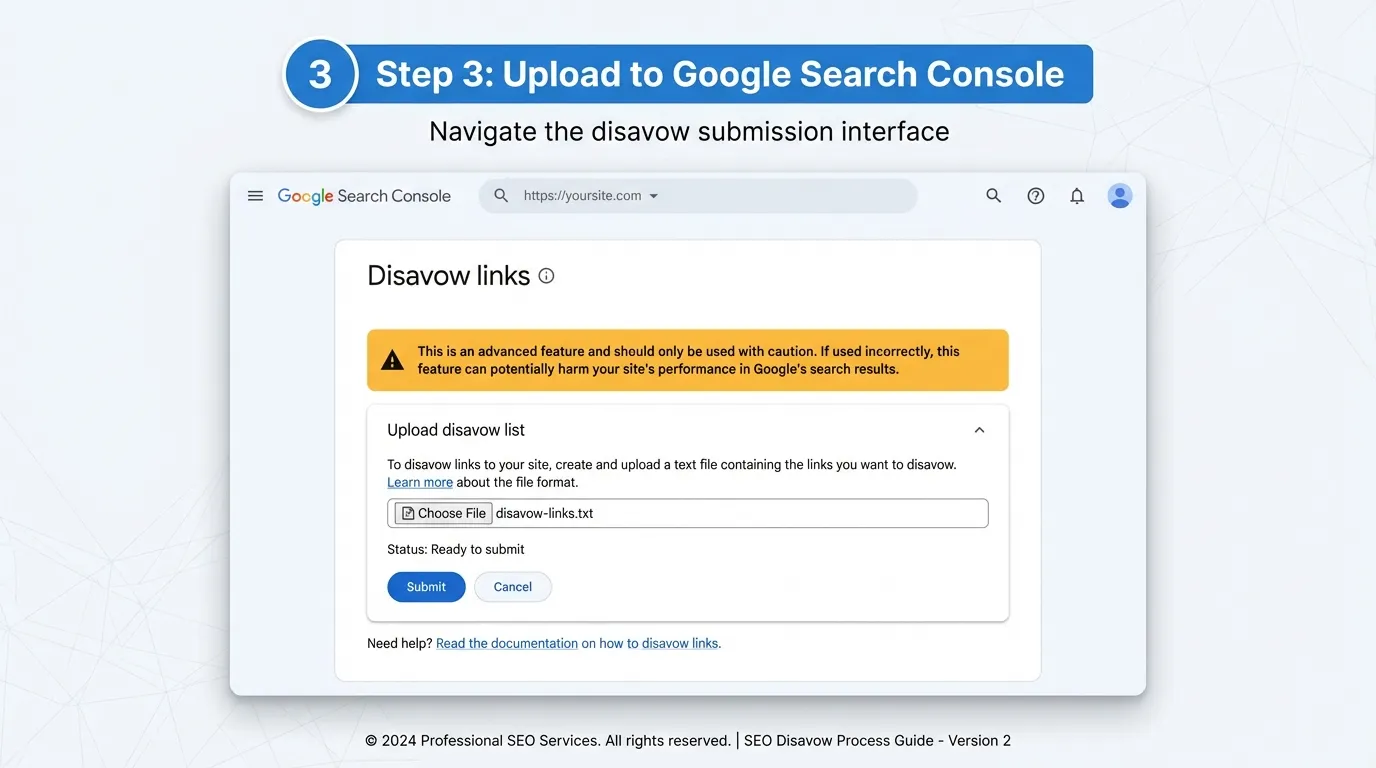 Toxic Backlinks & Disavow 2026: Complete Guide to Protect Your SEO 8 upload to google console for toxic backlinks