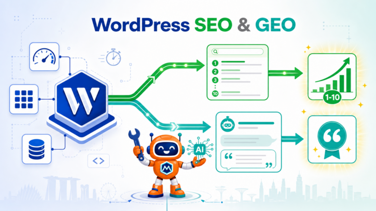 WordPress SEO and GEO featured image for Singapore businesses showing three-zone optimization workflow