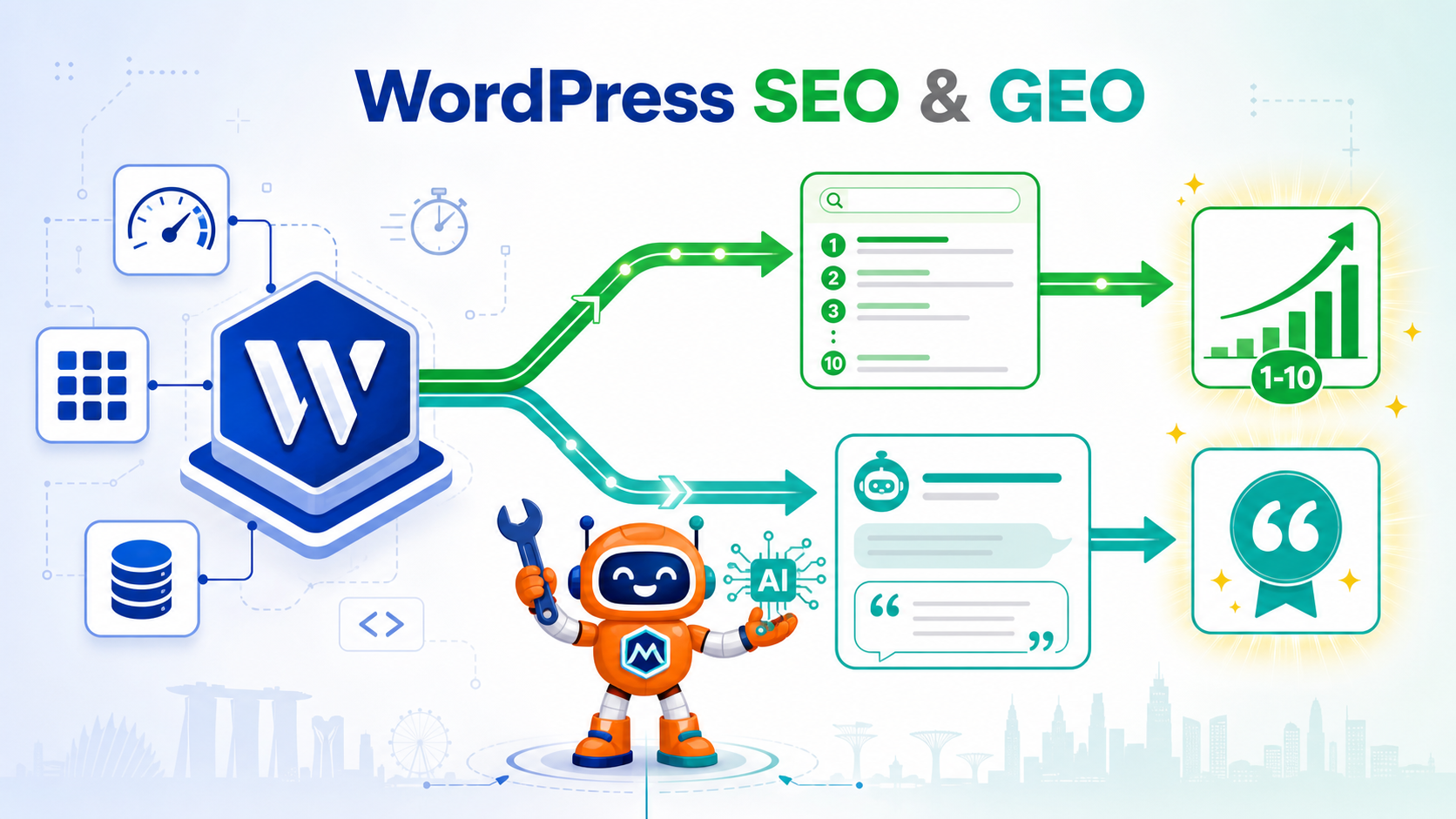 WordPress SEO and GEO featured image for Singapore businesses showing three-zone optimization workflow
