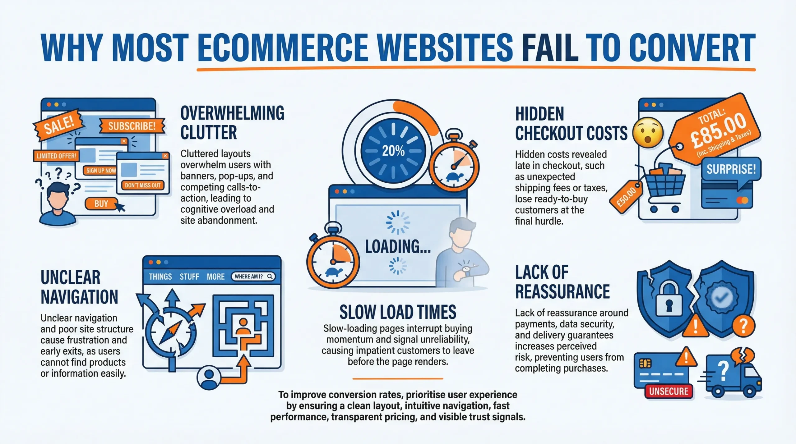 What Makes an Ecommerce Website Sell: UX, Speed, Checkout, and Trust 1 Infographic showing why an ecommerce website fails to convert, highlighting cluttered layouts, slow load times, unclear navigation, hidden checkout costs, and lack of trust signals