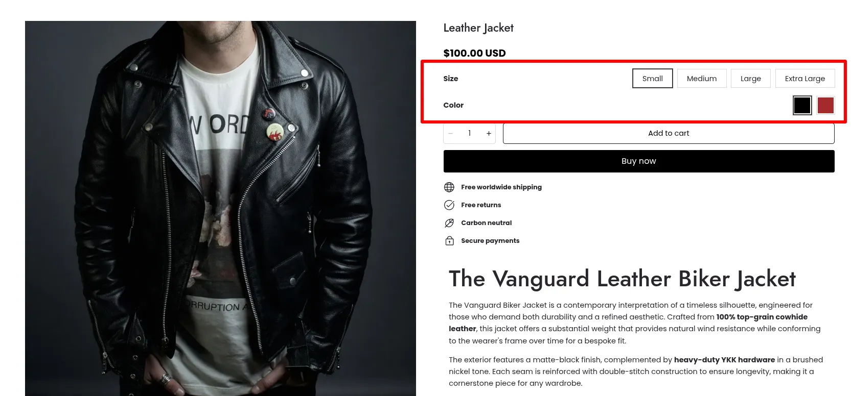 Leather Jacket Product Listing with Variants on Shopline e-commerce