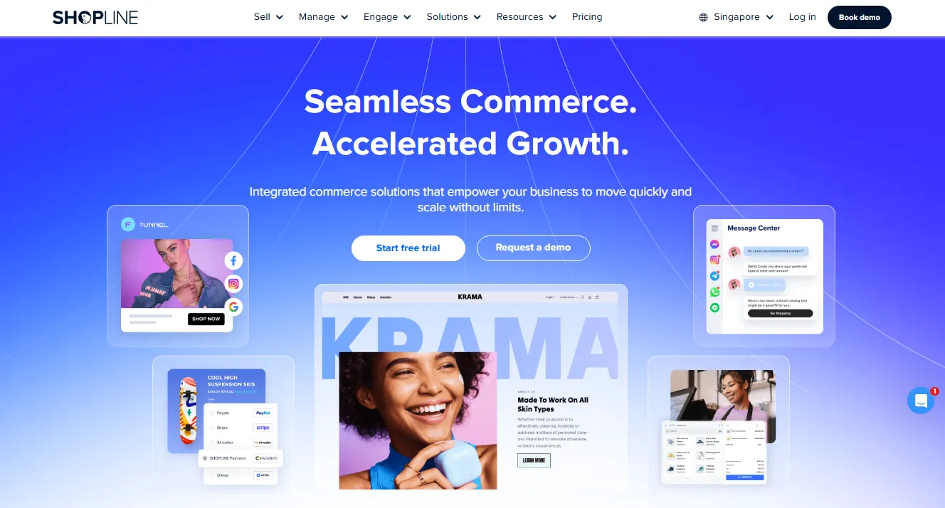 Shopline homepage showcasing integrated ecommerce, payments, messaging, and omnichannel tools that factor into Shopline cost planning