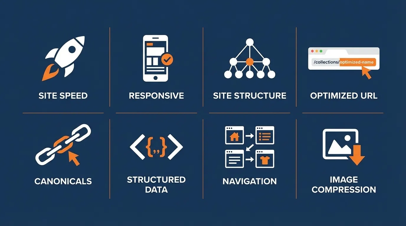 Shopify Collection Page SEO Strategy: Keyword Mapping, Collection Descriptions, and Collection-to-Product Internal Link Architecture 6 The technical stuff you need for Shopify collection page SEO