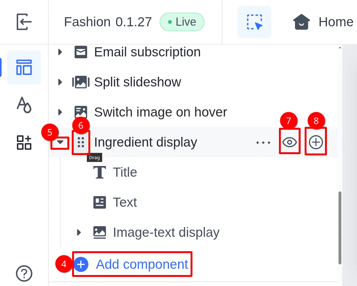 Zoomed-in parts of the Shopline theme editor for building Shopline e-commerce websites
