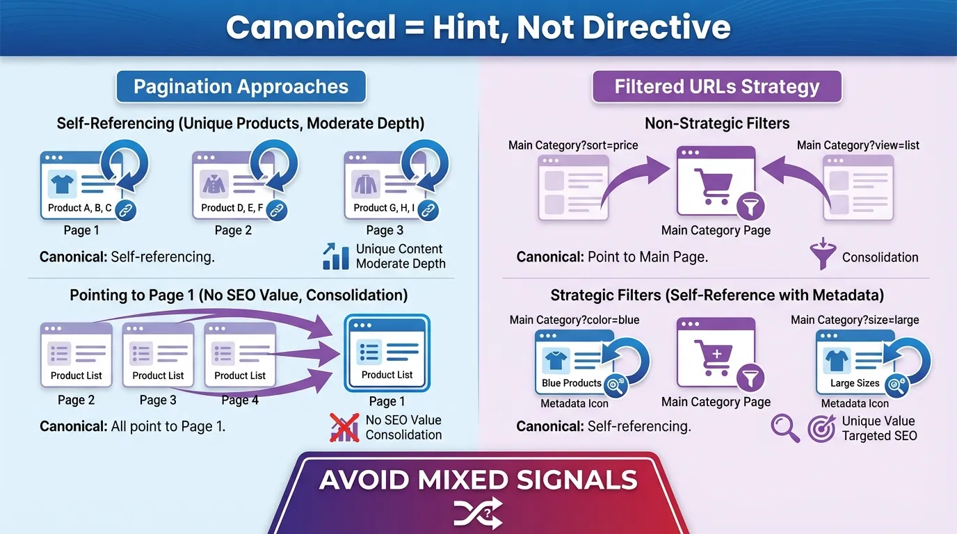 Shopify Pagination and Faceted Navigation SEO: Crawl Budget Control for Large Catalogues (What to Noindex, Canonicalise, and Link) 6 canonical strategy for shopify pagination and filtered urls