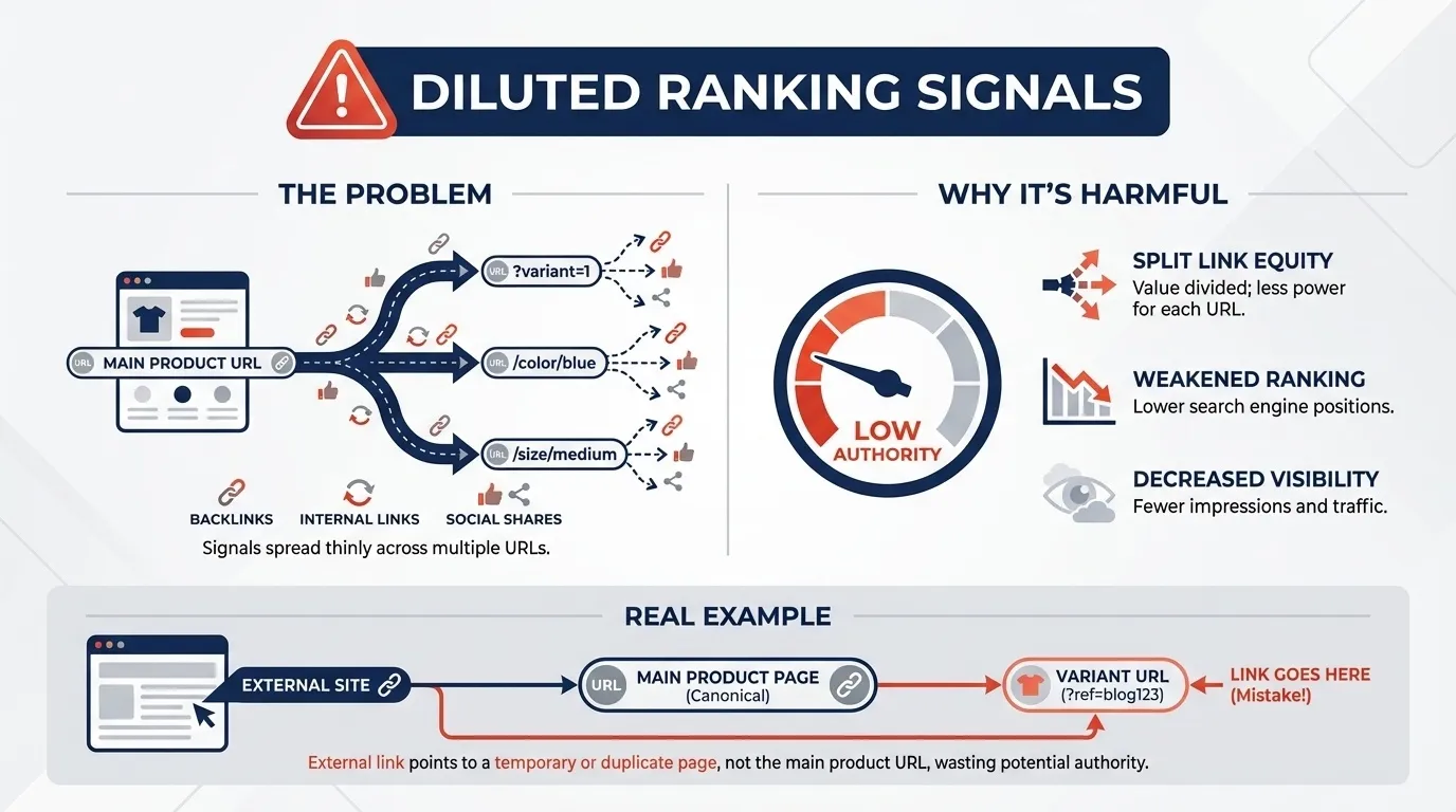 Shopify Technical SEO Checklist: Fixing Duplicate Content, Canonicals and Index Bloat 2 diluted ranking signals for shopify technical seo