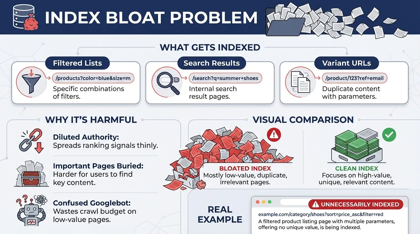 Shopify Technical SEO Checklist: Fixing Duplicate Content, Canonicals and Index Bloat 4 index bloat for shopify technical seo