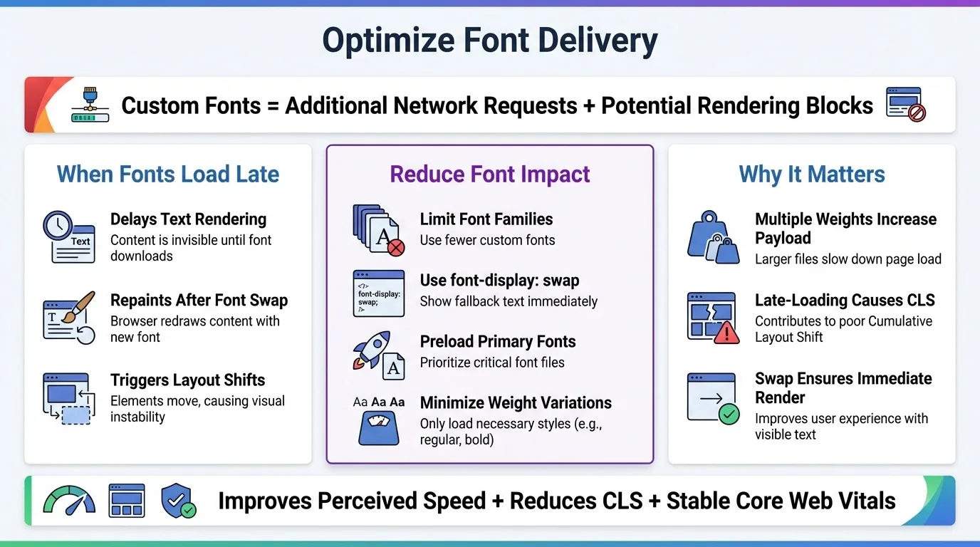 Shopify Core Web Vitals and Site Speed: Theme Optimisation, App Conflicts, and Mobile-First Indexing Improvements 8 optimise font delivery for shopify core web vitals