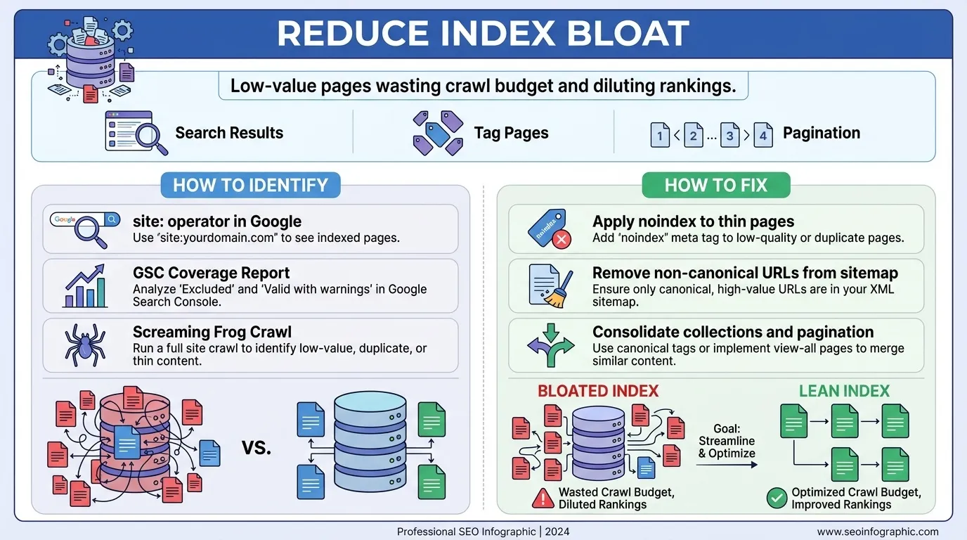 Shopify Technical SEO Checklist: Fixing Duplicate Content, Canonicals and Index Bloat 10 reduce index bloat for shopify technical seo